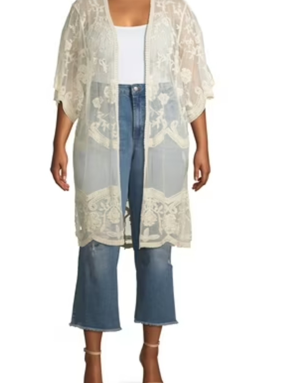 Lace Sheer Long Kimono‎ Robe - Cream Embroidered Bell Sleeve Floral NWT - Picture 5 of 5